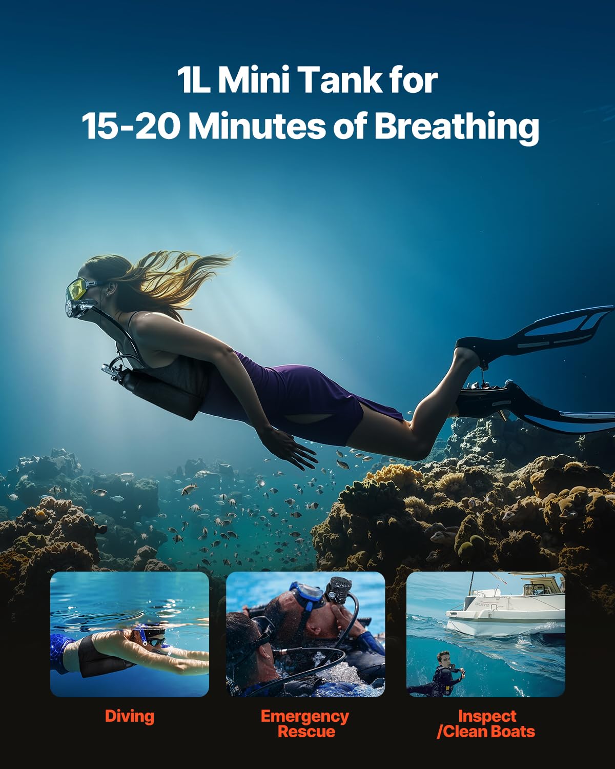 VEVOR Scuba Tank, 1L Portable Diving Tank, Diving Oxygen Cylinder Support 15-20 Minutes Underwater Breathing, 98.43 ft Diving Depth, Refillable Snorkel Air Tank Kit for Underwater Exploration Rescue