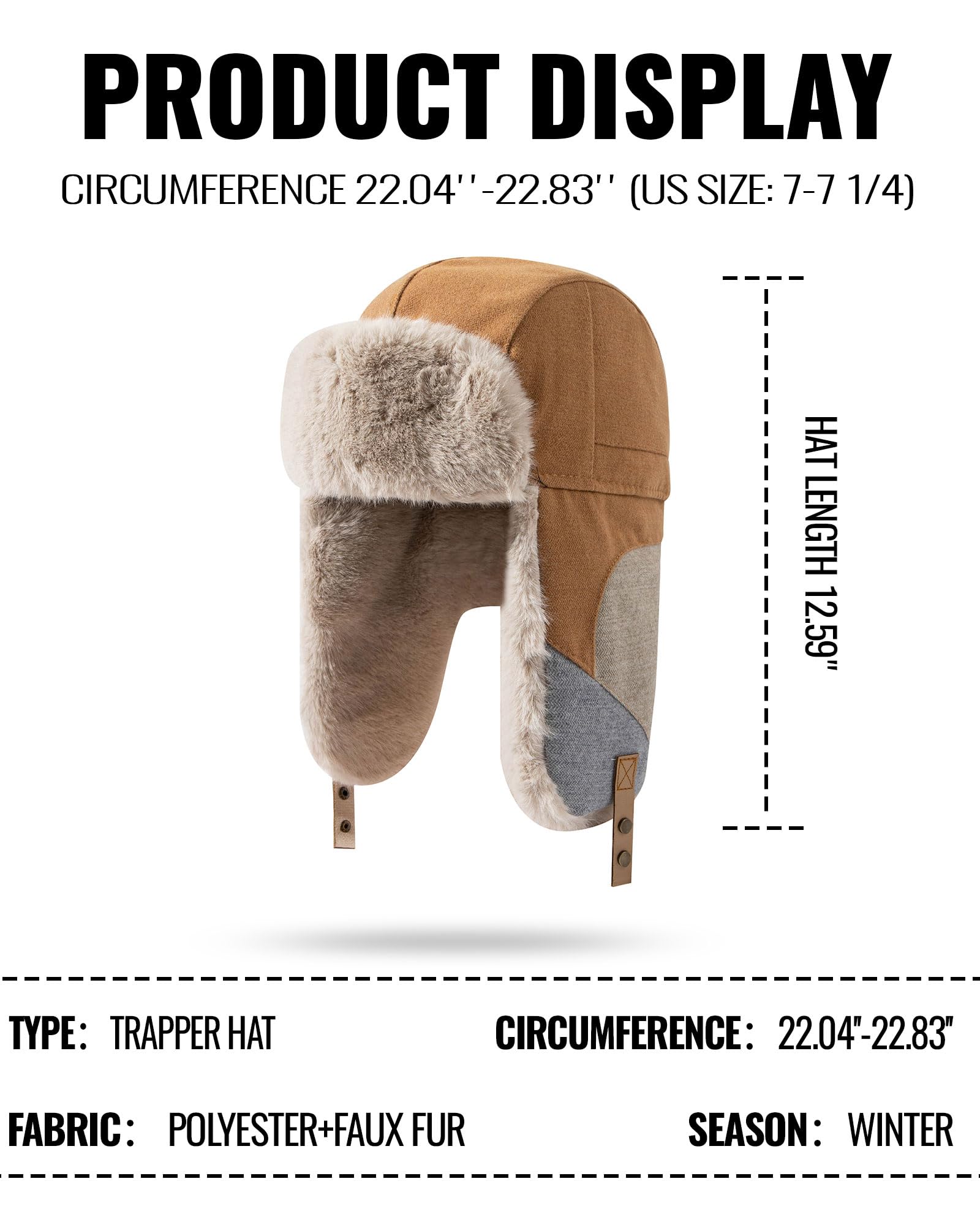 Clakllie Unisex czapka lotnicza, zamszowa, wiatroszczelna, czapka traperska, ciepła czapka ze sztucznego futra, rosyjska czapka, ciepła bawełniana czapka