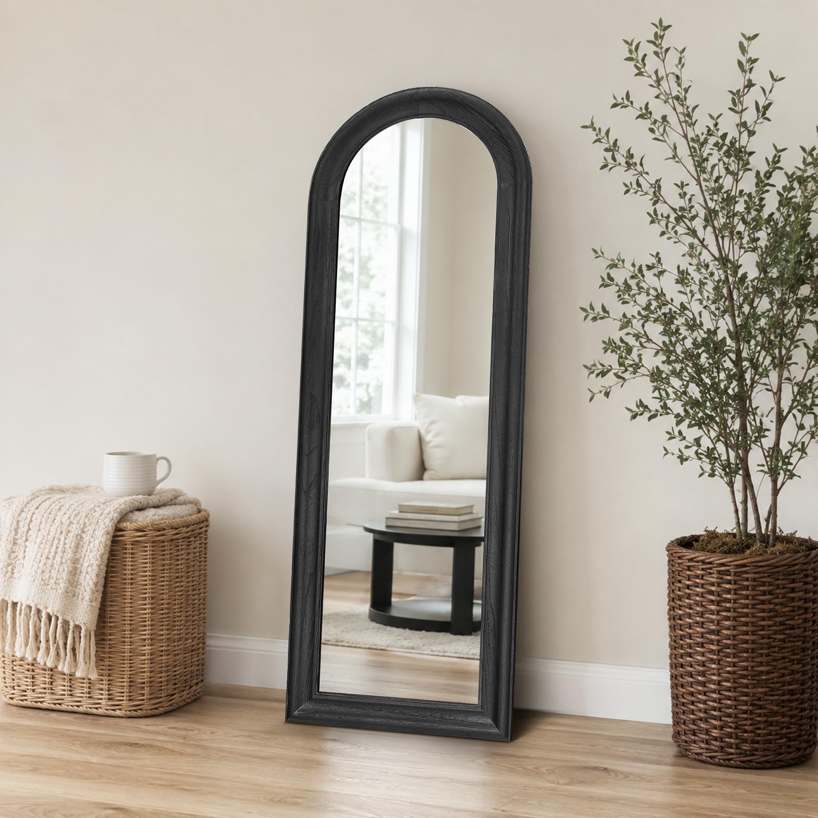 58x22 Solid Wood Arched Full Length Mirror, Elegant Black Finish