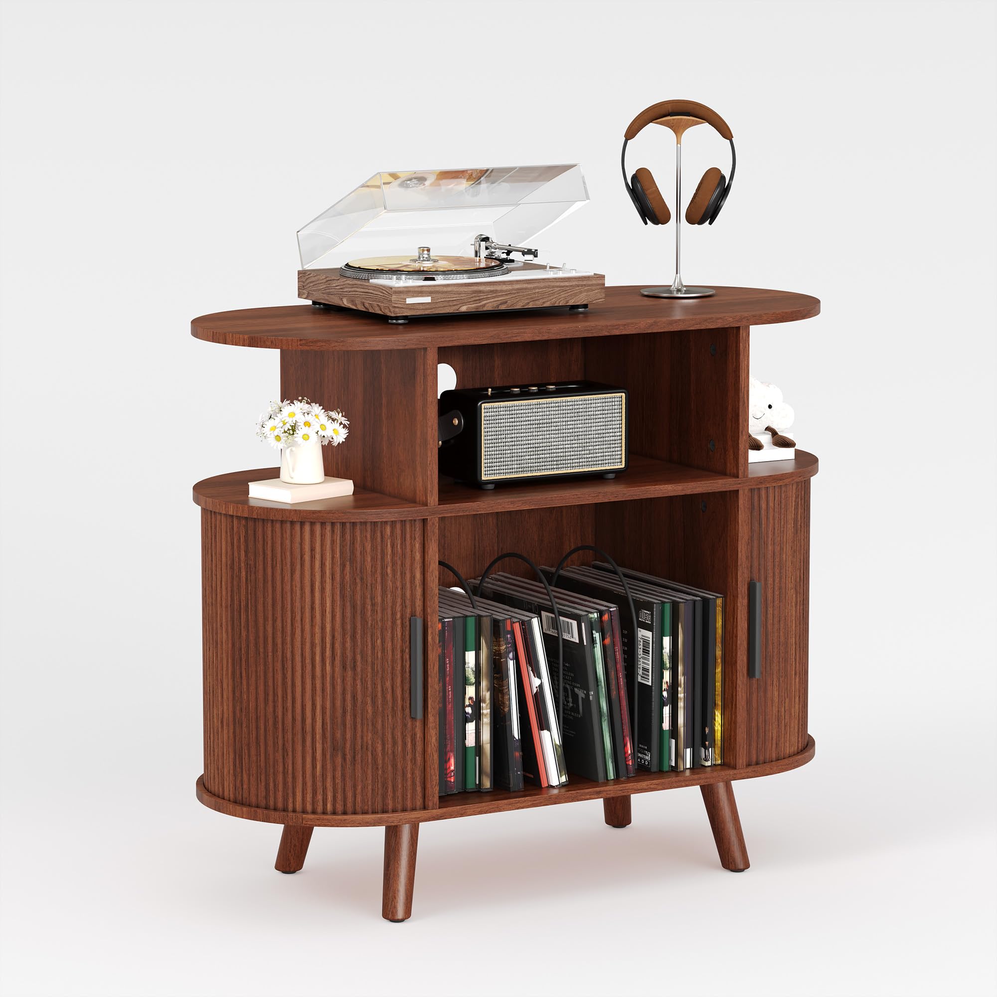 garvee 35'' fluted mid century modern turntable cabinet, large round record player stand with charging station and display shelf, arched wood record player table for living room