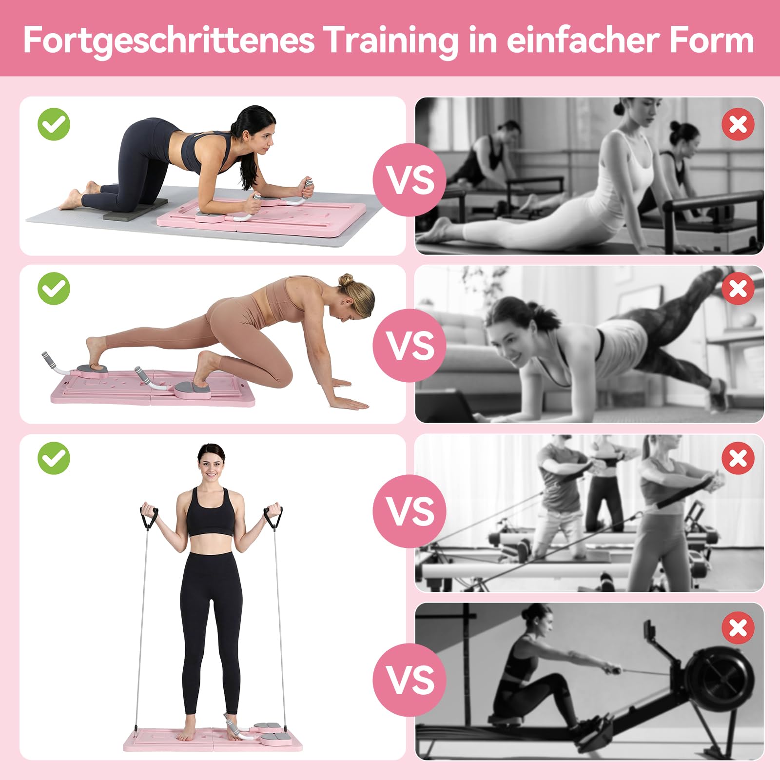 Pilates Board Faltbarer, mit Widerstandsbänder, Timer, 3 Zubehör, Plegable Zuhause Reformer für Pilates Maschine Multifunktions Equipment Set, für Frauen Ganzkörpertraining Familienfitness