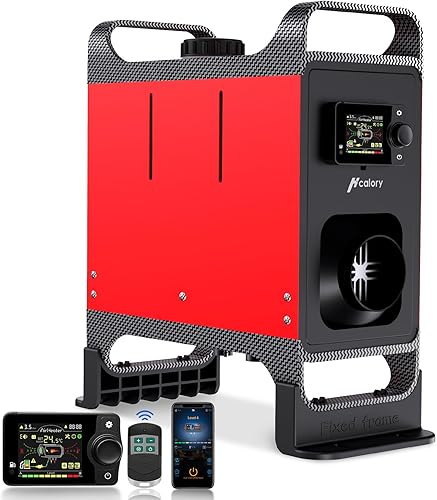HCALORY Calentador diésel rojo Uypgrade versión 12V 24V 8KW con base, calentador de aire diesel portátil todo en uno con control de aplicación