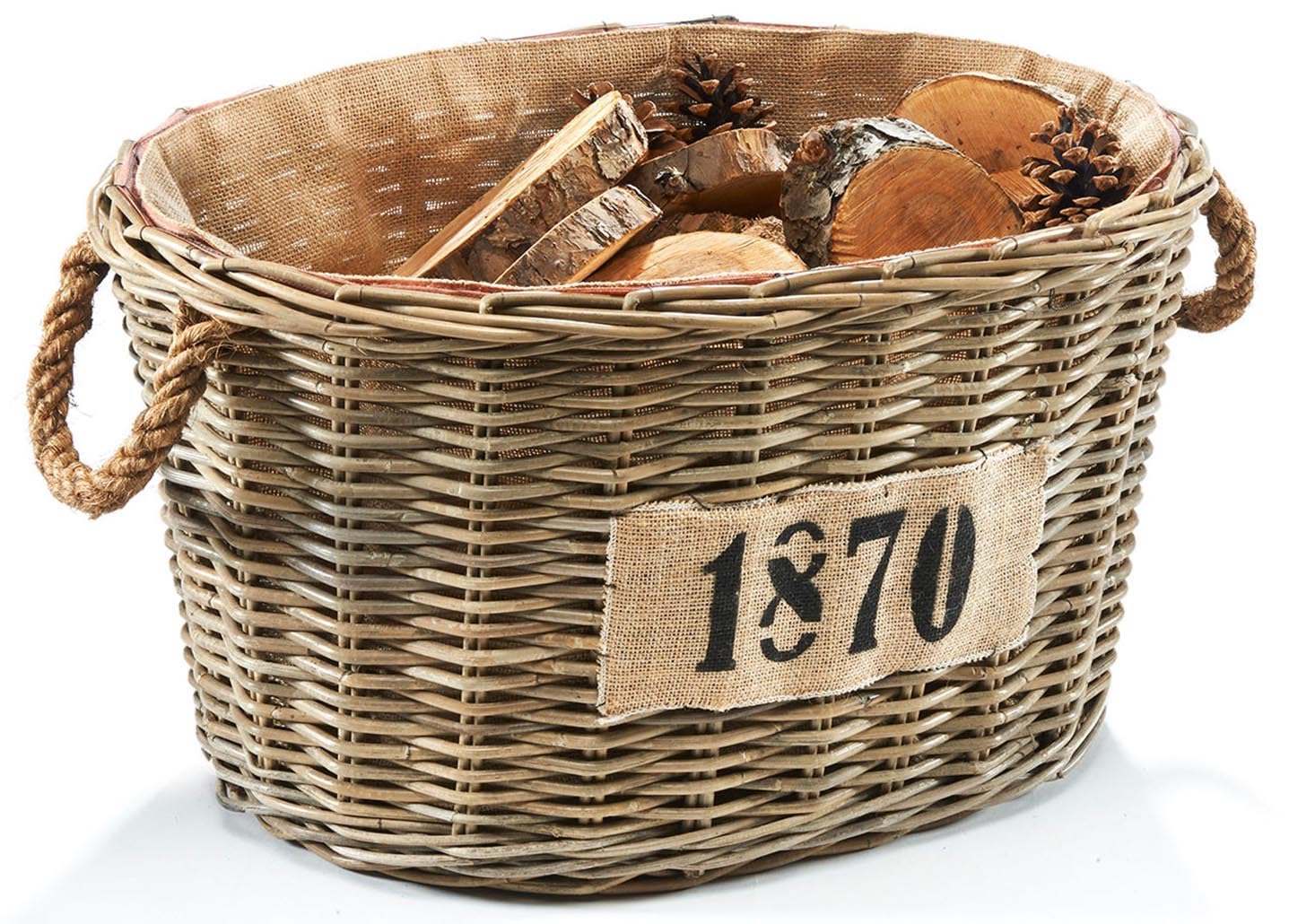 Kobolo Holzkorb 1870 oval Rattankorb Kaminholzkorb Grau für Kamin und Ofen