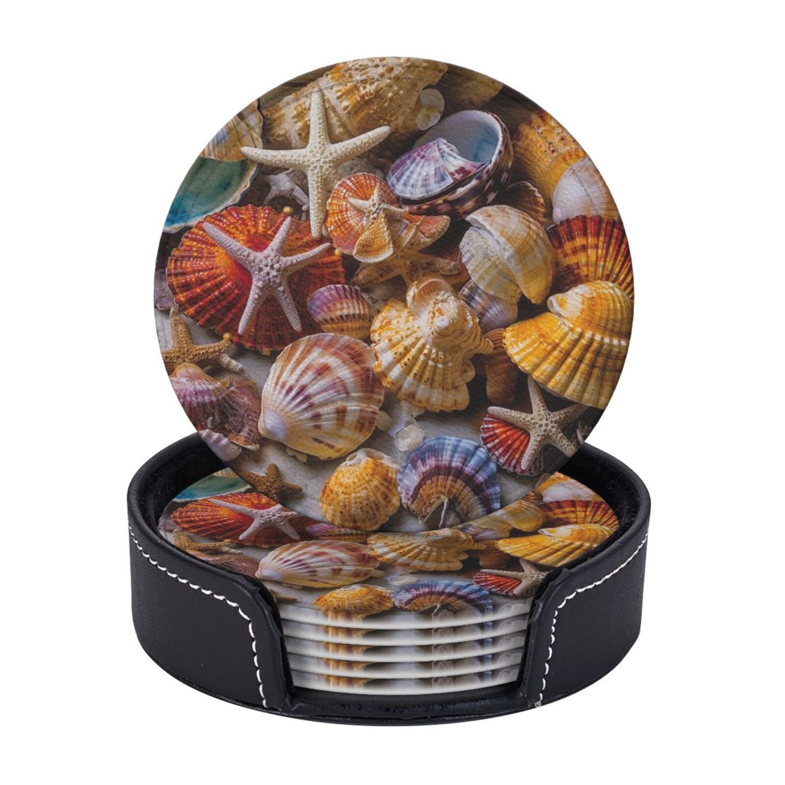 6PCS Drink Coasters with Holder, 4" Leather Coasters for Drinks, Sea Shell Treasures Cup Coasters for Coffee Table Decor, Non-Slip Drinking Cup Mat for Hot or Cold Drink