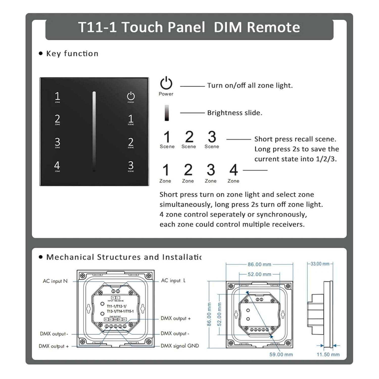 DC 5V 12V 24V 36V LED Monochrome Light with dimmer V1 dimmer Controller with 4-Zone Touch Panel Switch Control(3 pcs V1 Set-w)