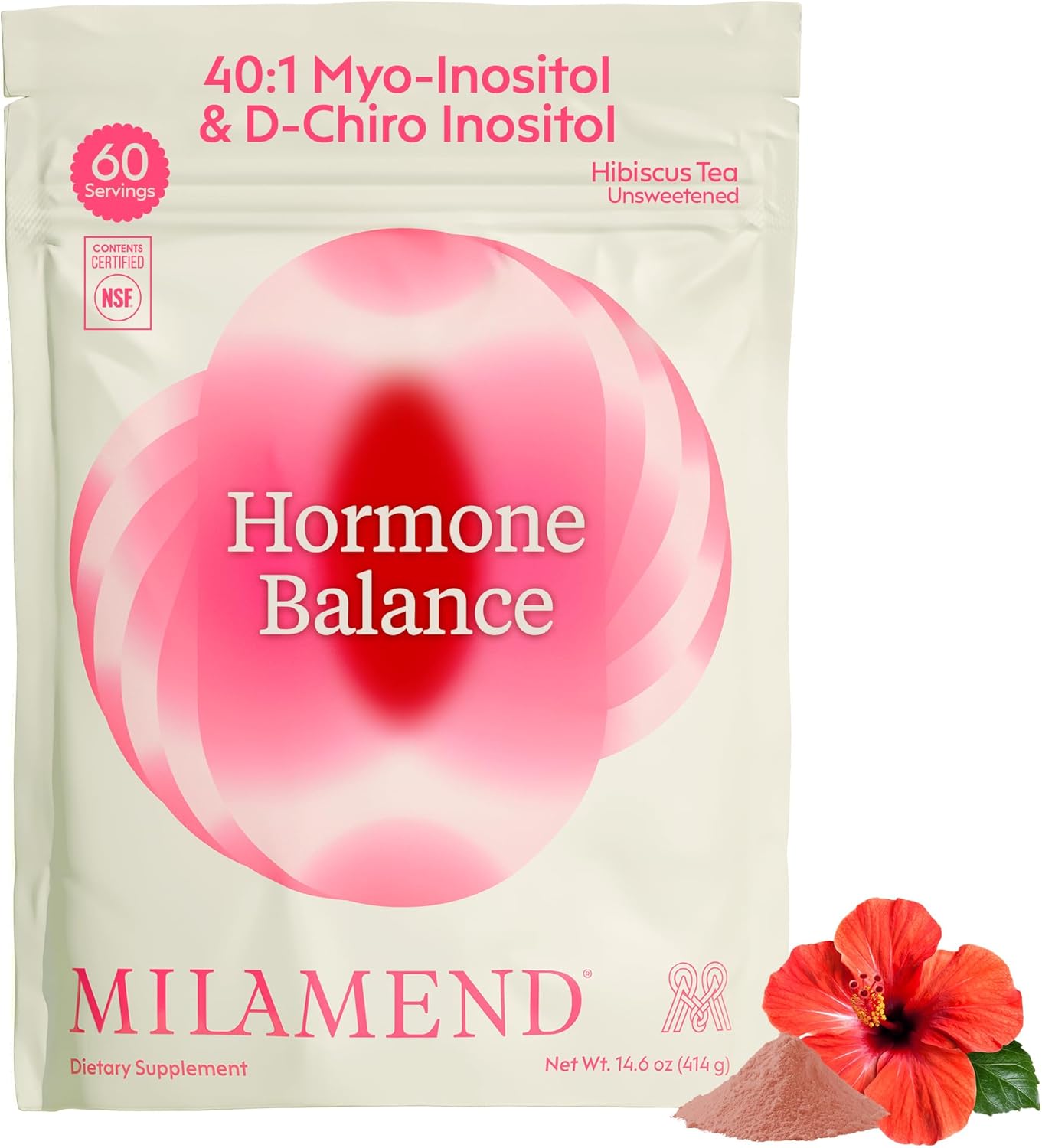 milamend Hormone Balance for Women 40:1 Myo-Inositol D-Chiro Inositol Supplement + CoQ10, ALA, & Amino Acids‚ PCOS, Ovarian & Cycle Support‚ Unsweetened Hibiscus Tea Powder‚ 60 Servings