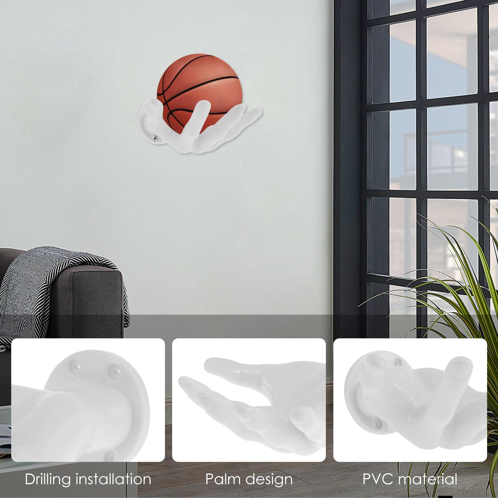 Support mural pour ballon de basketball, support en forme de main noir, support pour ballon économisant l'espace, support mural pour ballon de basketball en forme de main, pour ballons de sport