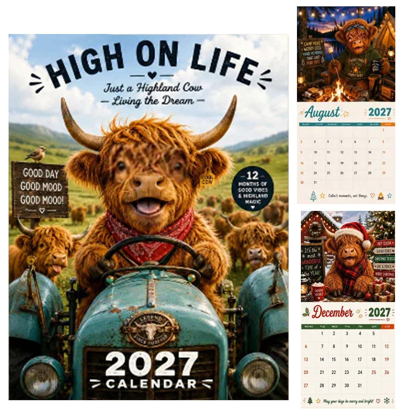 Highland Cow Wall Calendar 2027, Month To View Vintage Art Calendar