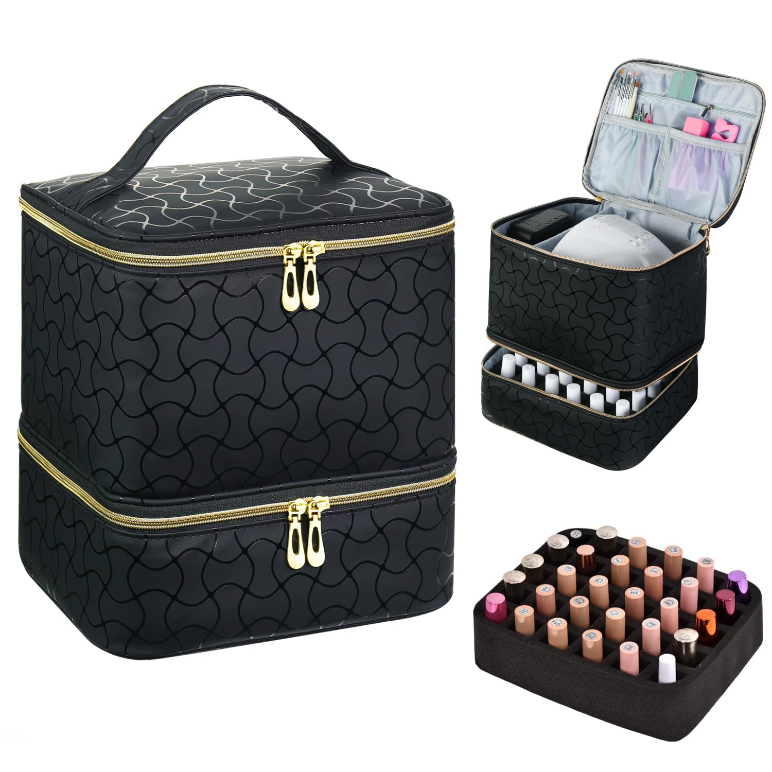 Nail Polish Organizer Holds 30 Bottles (15ml) and 1 Nail Light Nail Polish Carrying Case with Storage Pockets for Manicure Tools Double Layer Nail Storage Travel Bag with Handle (): B-Black