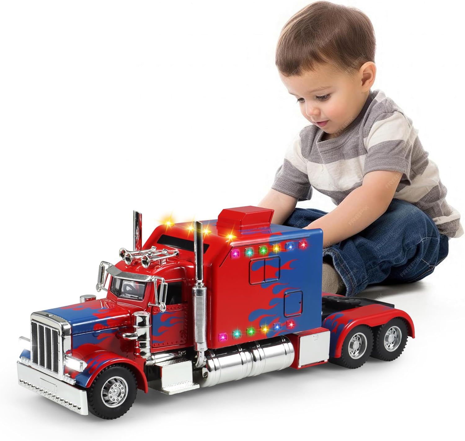 Semi Truck Toy with Light and Sound Pull Back, Heavy Tow Truck 1:24 Metal Diecast Model Car Gifts for Boys, Girls, Kids, Vehicles Lovers Collecttion, Red