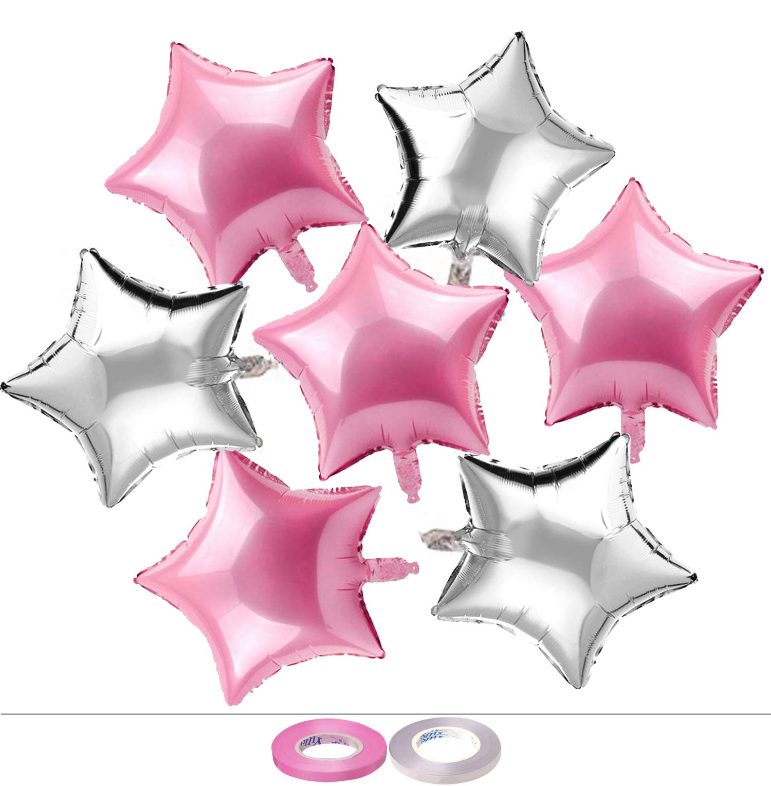 AMFIN® (Pack of 25) 9 Inch Small Star Shape Pink and Silver Foil Balloon with Ribbon for Birthday, Wedding, Anniversary, Welcome Baby Shower, Kids Party, Home Decoration - Pink & Silver