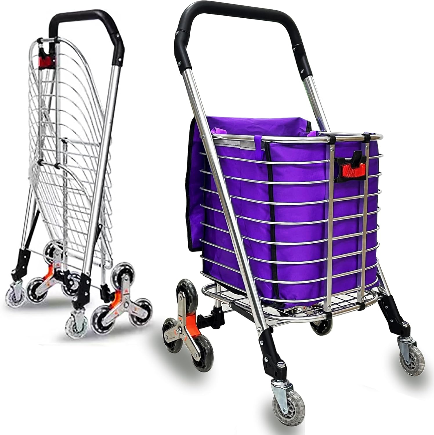 Foldable Stairs Climbing Shopping Cart with Waterproof Basket Liner，Aluminium Alloy Lightweight Collapsible Grocery Dolly Cart，Portable Rolling Utility Trolley，49L