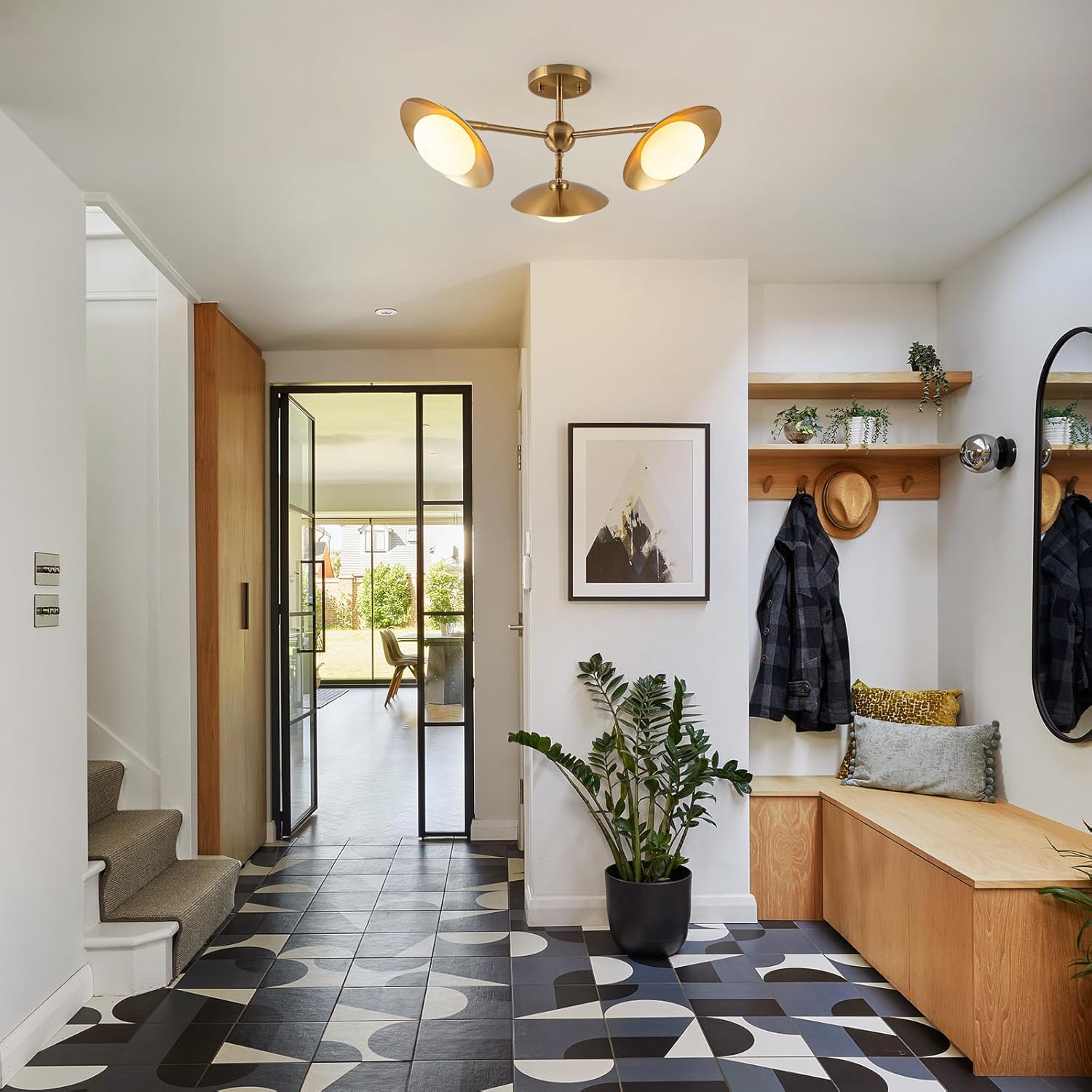 3-Light Flying Saucer Semi-Flush Mount Ceiling Light, Mid-Century Milk White Glass Globes Chandelier for Dining Room Living Room, 20.5" Wide, Brushed Brass Gold