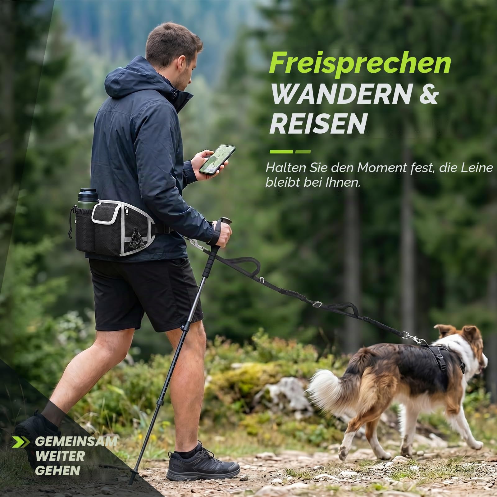 Pecute Joggingleine Hunde mit Mehrere Taschen Bauchgurt, Hundeleine 1.6-2.5M bis zu 30 kg, Stoßfest, Bequem, Reflektierende Nähte, ideal zum Laufen, Joggen und Gehen
