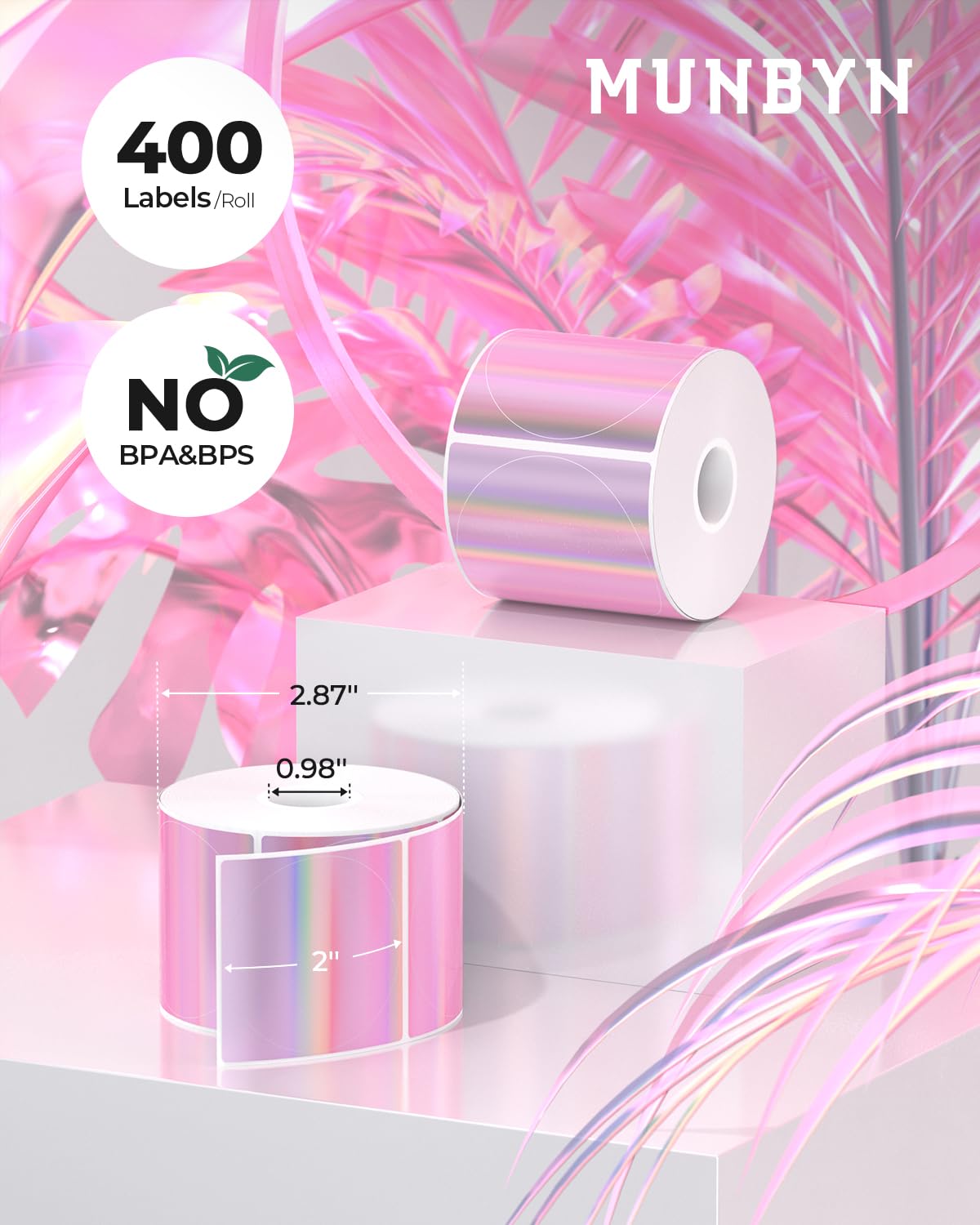 Pink Shipping Labels+2" Circle Holographic Thermal Label Stickers Pink