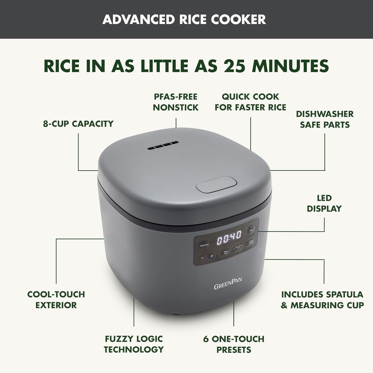 GreenPan Advanced Rice Cooker, 4-Cups Uncooked/8-Cups Cooked, Removable Nonstick Ceramic PFAS-Free Pot, White & Brown Rice, Family Sized, Quick Cook in 25mins, 6 Presets, Fuzzy Logic Tech, Graphite