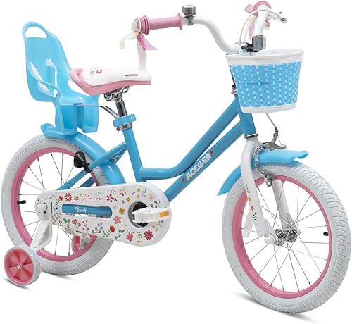 ACEGER Girls Bike with Basket for Ages 2-12 Years Old Kids, 12 14 16 18 Inch with Training WheelsPrincess Style with Streamers, Handbrake & Coaster