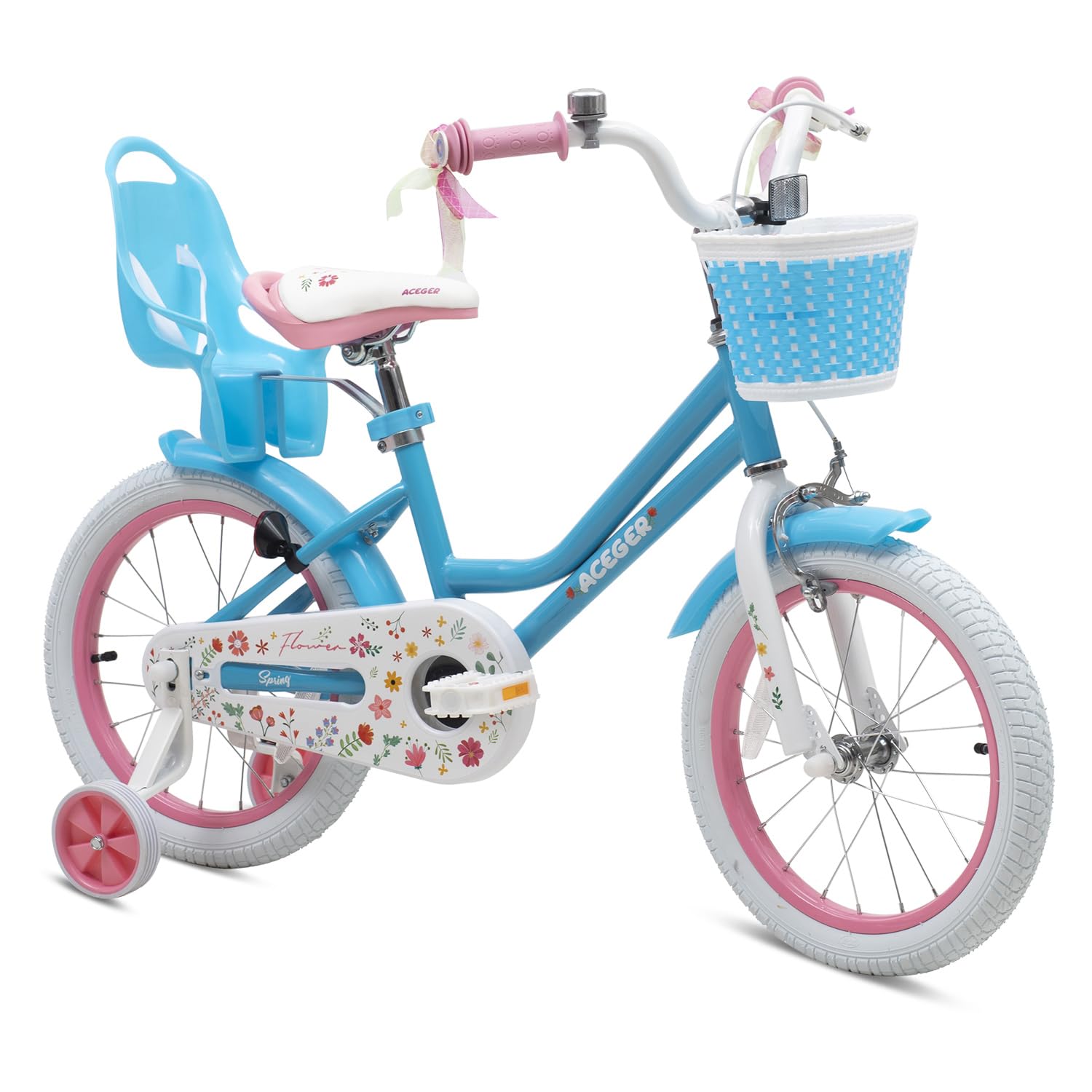 ACEGER Girls Bike with Basket for Ages 2-12 Years Old Kids, 12 14 16 18 Inch with Training Wheels，Princess Style with Streamers, Handbrake & Coaster