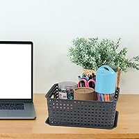 Vista 7 de Paquete de 6 cestas pequeñas de plástico, cesta de almacenamiento tejida con tapa, apilable, color gris