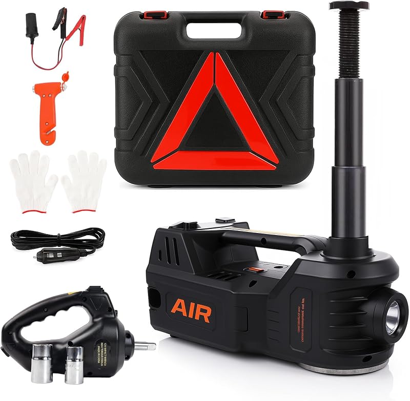 Electric Car Jack 5 Ton 12V Floor Jack, Impact Wrench, Inflator | Fits Sedan SUV Truck, Lift Range 5.9-17.7in, 350 N·m Impact Wrench, 35L/min Pump, 150 PSI Gauge, Headlight