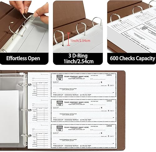 Miniatura 8 de Carpeta de cuadros de 3 anillos para cheques de escritorio con trozos finales, 3 en una página, se ajusta a 3 y 9 agujeros de piel sintética (11 14