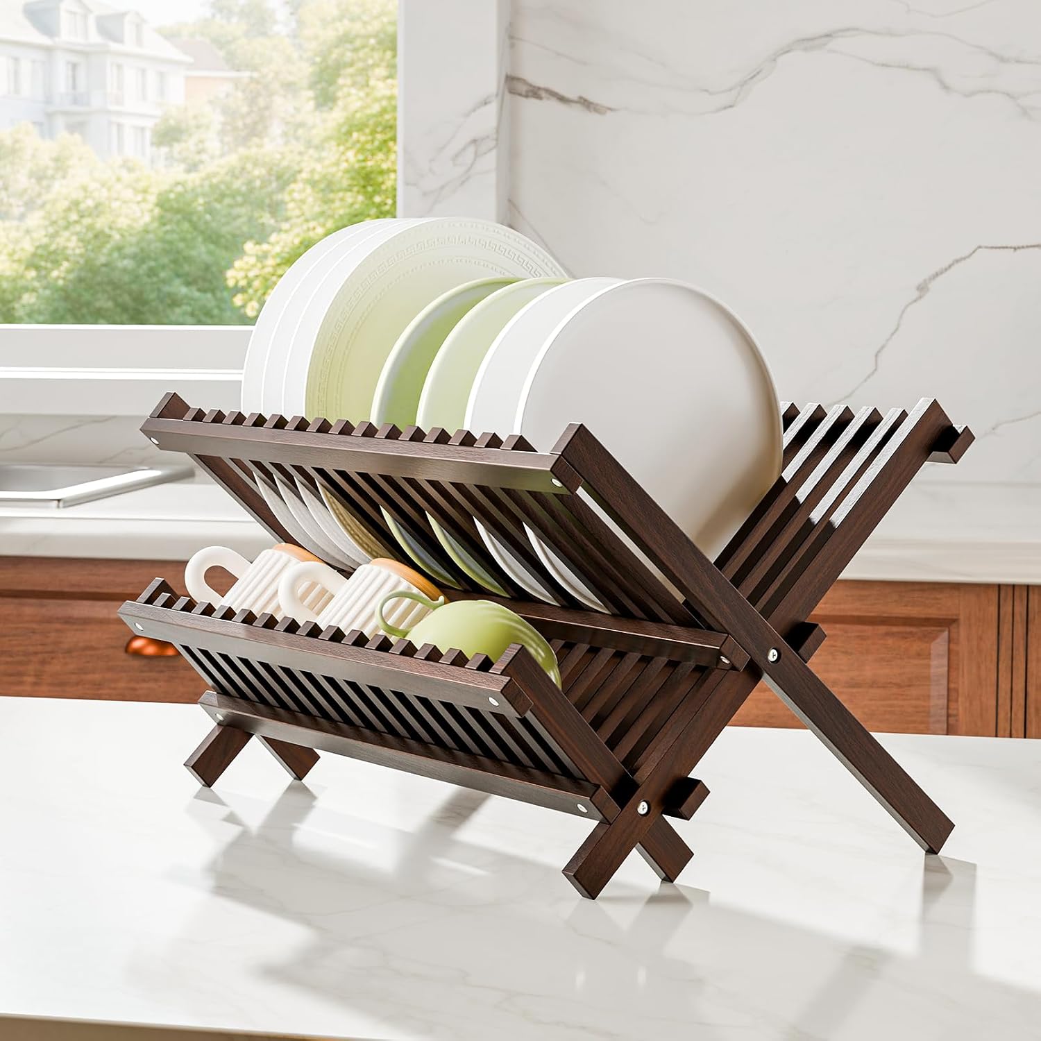 Simple Trending Bamboo Dish Drying Rack, 2-Tier Collapsible Dish Rack