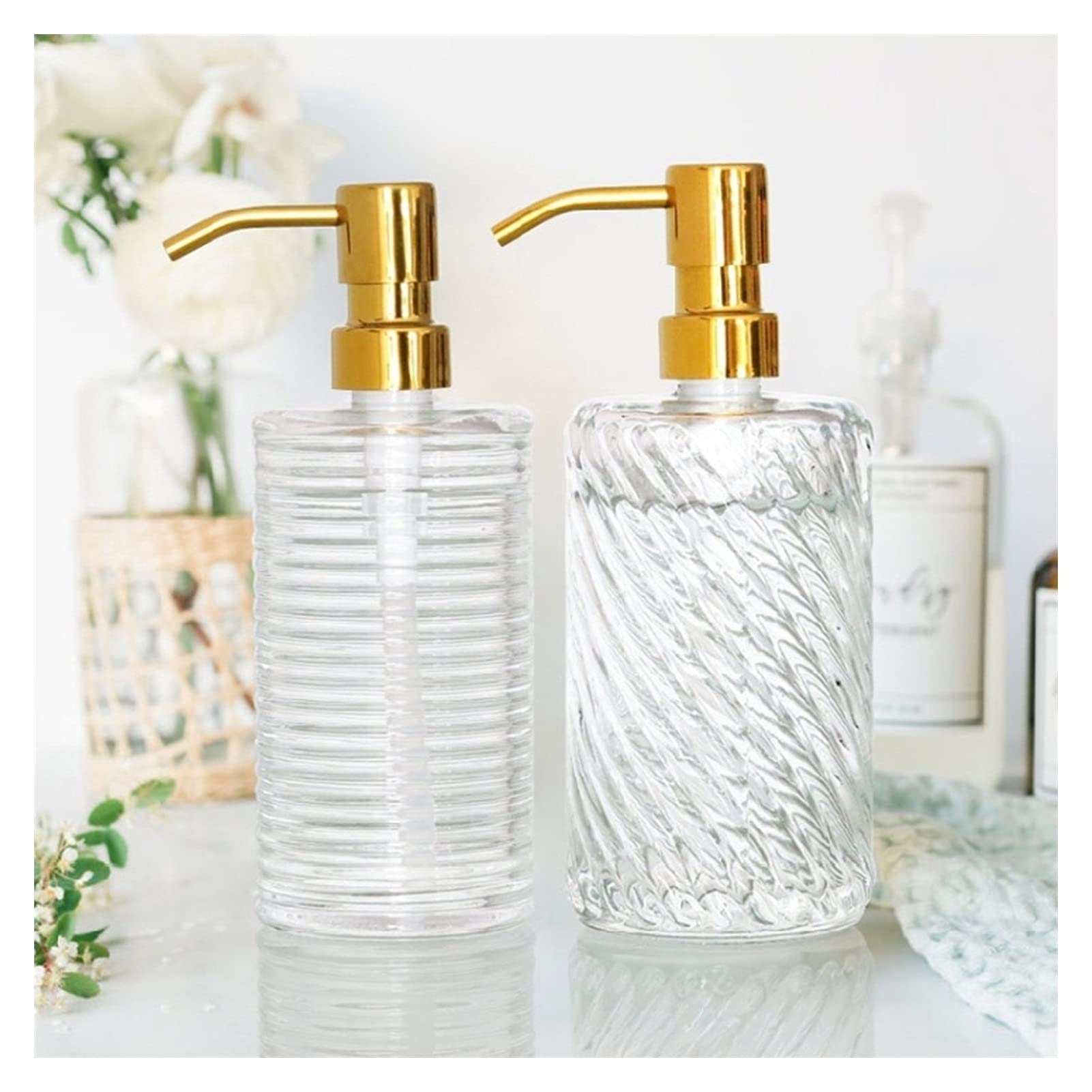 dispenser sapone/Dosatori per sapone liquido Bottiglia di sanificazione della mano di vetro con testa della pompa d'acciaio inossidabile dorata, distributore di sapone a mano liquido riutilizzabile pe