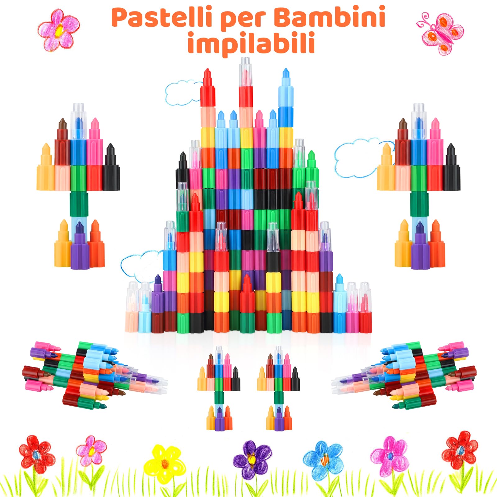 12 Pastelli per Bambini Impilabili fai-da-te,Pastelli a Cera Impilabili Arcobaleno,Matite Colorate impilabili,Set di Pastelli Colorati per Cancelleria creativa,Regalo festa