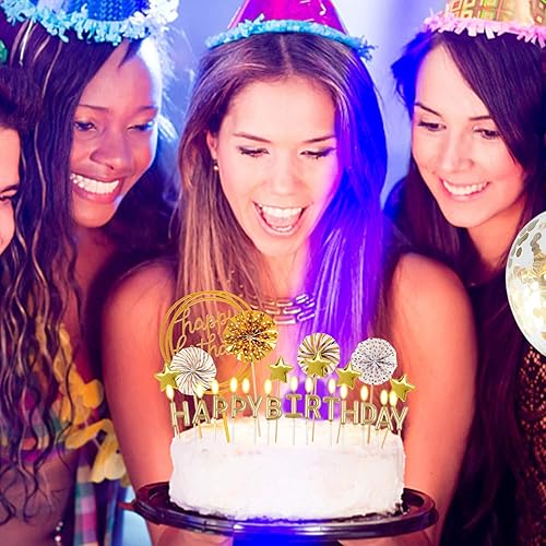 Miniatura 3 de BEAN LIEVE Juego de velas de cumpleaños, decoración de pastel con velas de pastel, confeti, globos, estrellas y abanicos, decoración de cupcakes, 12