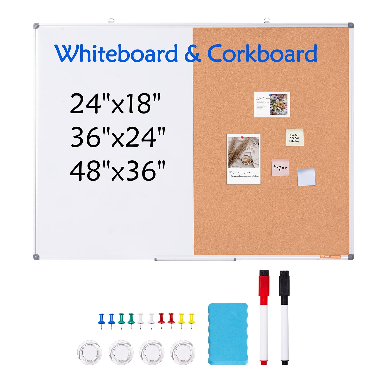 VEVOR Kombitafel Kork Pinnwand & Magnettafel 120 x 90 cm, 2 in 1 Memoboard Kombiboard, Aluminiumrahmen, magnetische, trocken abwischbare Pinnwand, ideal für Schule, Zuhause, Büro