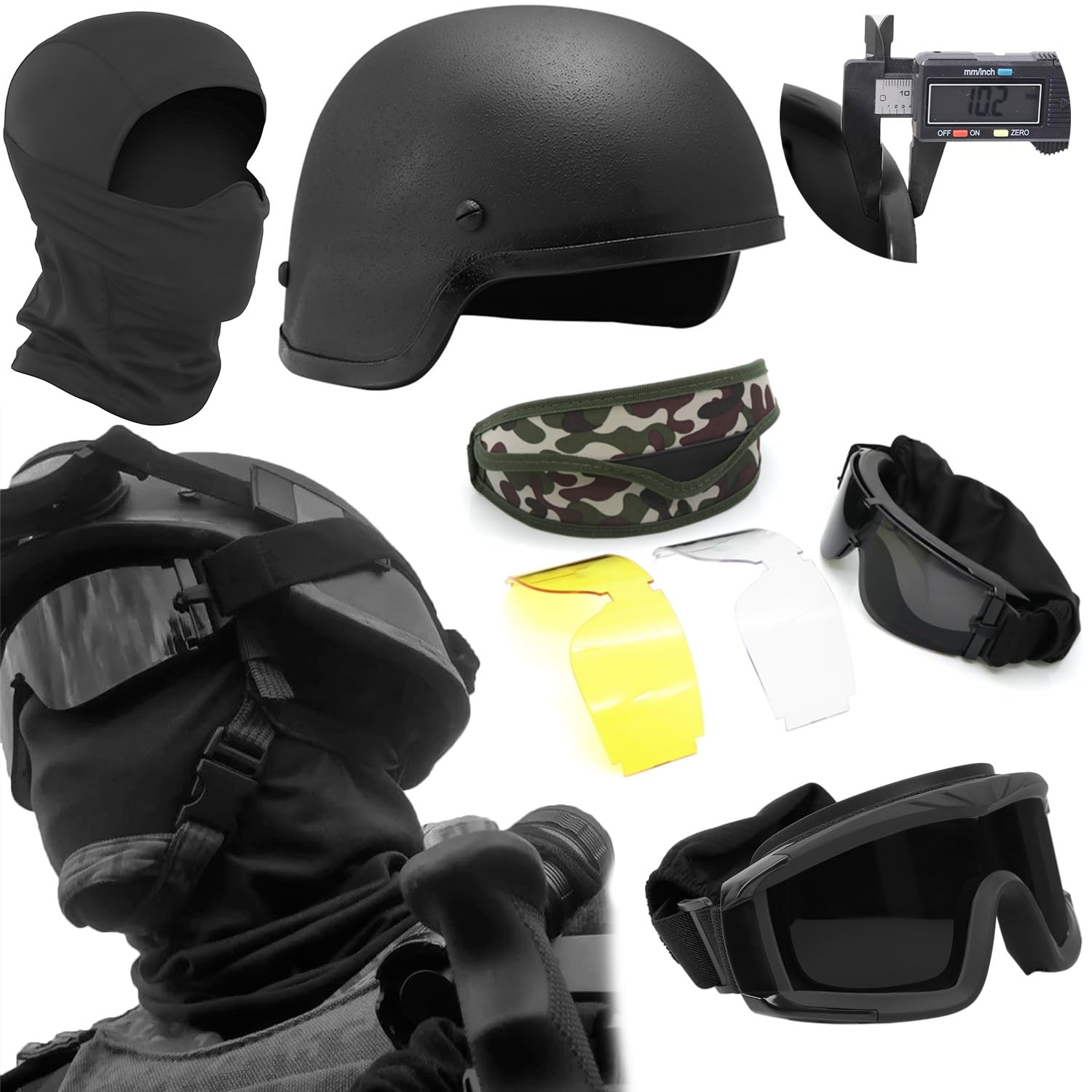 Airsoft MICH 2000 Tactical Helmet - 35mpa Impact Resistance - 11mm Thicken - Rimless Anti-Wind and Sand Goggles - Balaclava - for Outdoor Activities Such As Airsoft
