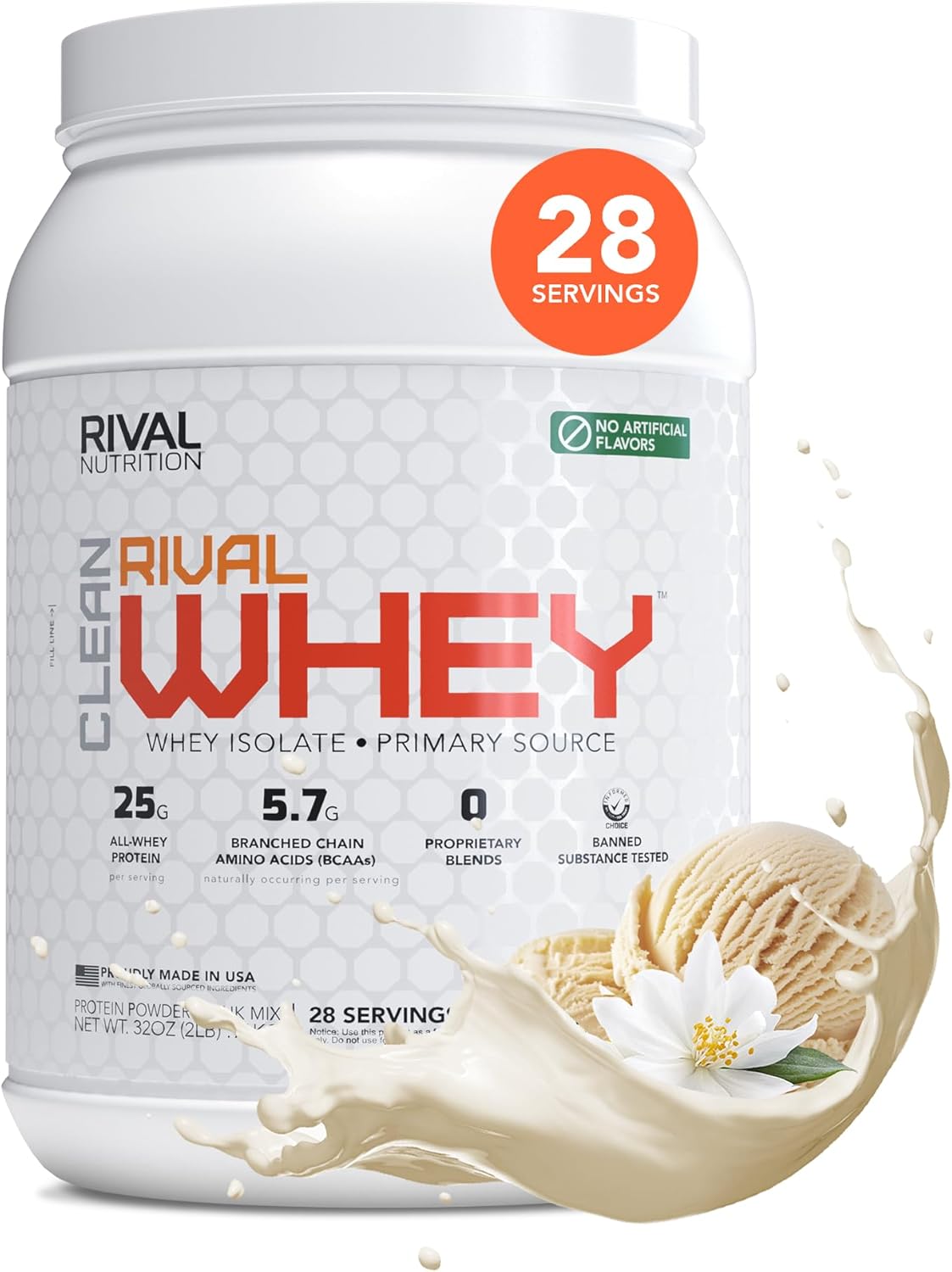 RIVAL NUTRITION Clean Rival Whey Cookies & Cream Protein Powder I 2 Lb, 28 Servings I Natural Flavors, No Artificial Colors I 25g Protein, 5.7g BCAAs Per Scoop I Muscle Recovery, Active Lifestyles