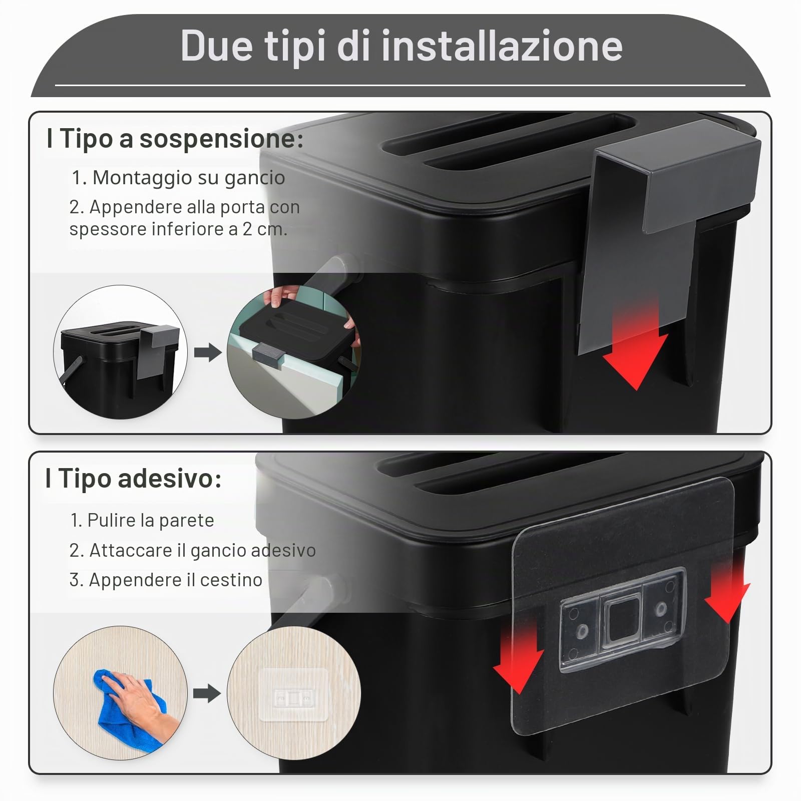lalago Secchio per il compost da cucina (5L+3L), Bidone per rifiuti organici sospeso, Contenitore sospeso con coperchio per cucina, bagno, auto, ufficio, camera da letto (Nero)