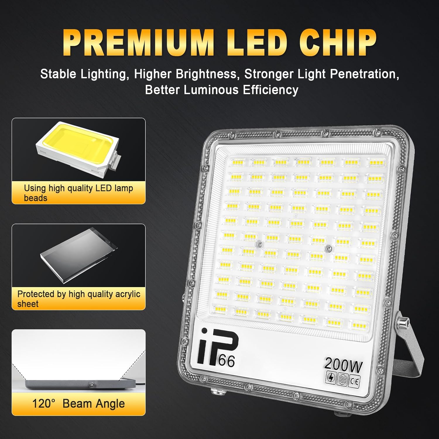 SKYWORLD LED Flood Lights Outdoor, 200W 20000LM Floodlight Outside LED Work Light with Plug, 6000K Cold White, IP66 Waterproof Outdoor LED Flood Light for Garage, Yard, Court, Patio, Garden