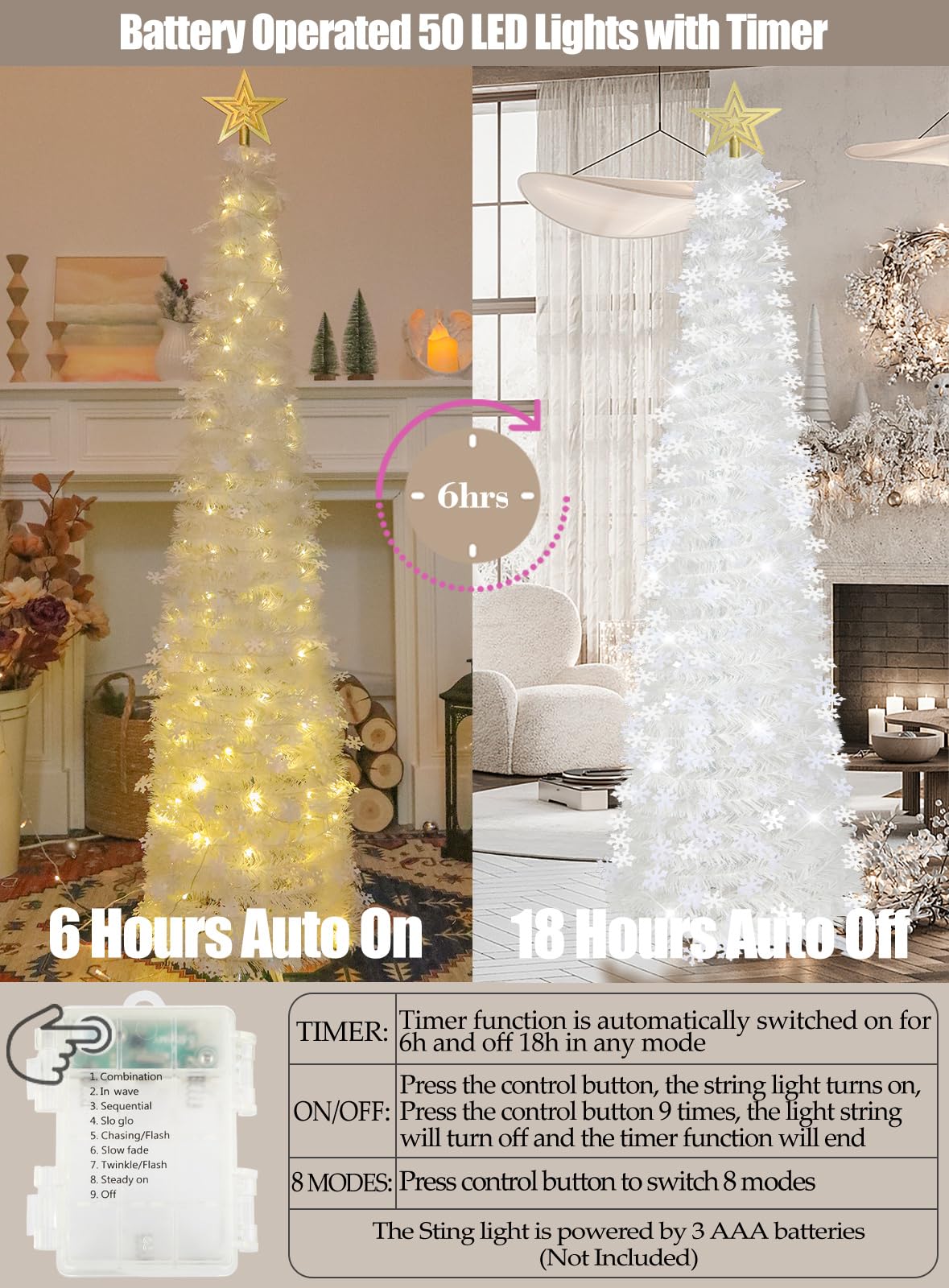HMASYO Sapin de Noël pop-up de 1,5 m avec lumières minuterie, sapin de Noël blanc avec flocons de neige, sapin de Noël artificiel pliable pour la maison, le bureau, assemblage facile