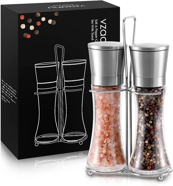 Vzaahu Salt and Pepper Grinders 2 Set Large with Ceramic Core with Stand Adjustable Coarseness, Portable, Refillable Spice Mills,Home Kitchen Birthday, Housewarming Gifts