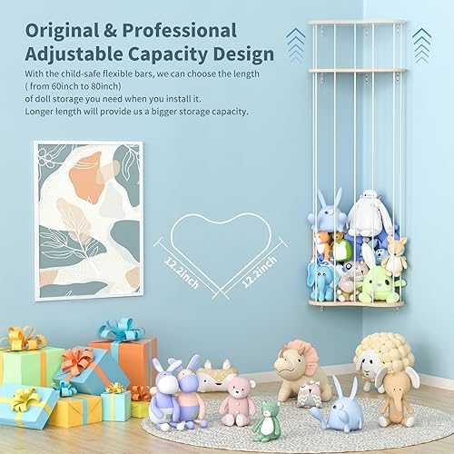 Miniatura 7 de Estante de madera suave para almacenamiento de animales de peluche con longitud ajustable, soporte para juguetes de peluche, organizador colgante