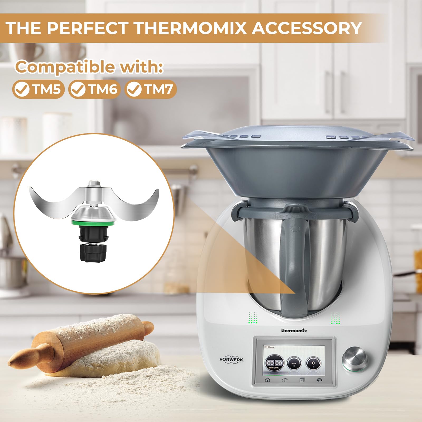 Coltello per Impastare per Bimby TM5 TM6 TM7, Lama Impastatrice per Vorwerk Thermomix TM7, Coltelli Lame in Acciaio Inox con Spazzola, Accessorio per Robot da Cucina per Pulizia