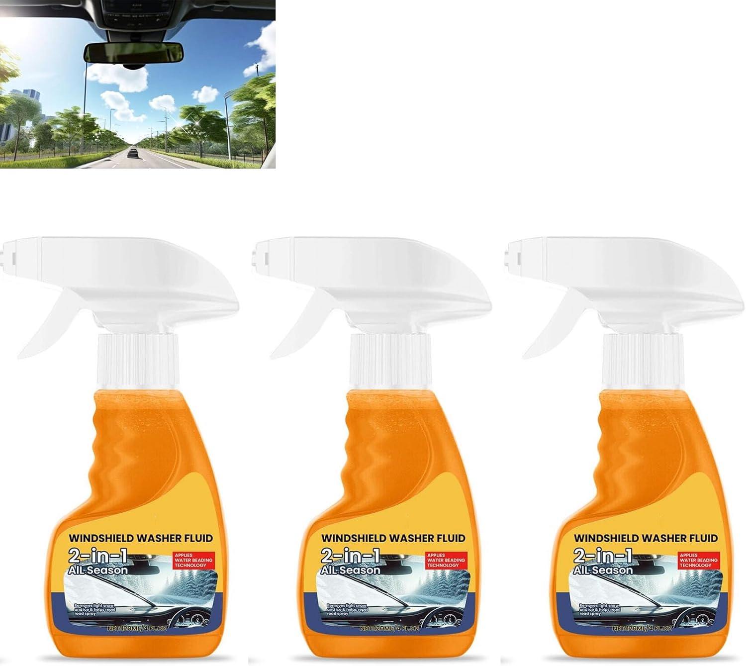 120ml Windshield Washer Fluid, Powerful Oil Film Remover & Glass Cleaner, Improves Visibility, Rain Repellent, Anti-Glare, Long Lasting Windshield Cleaner for Cars (3PC)