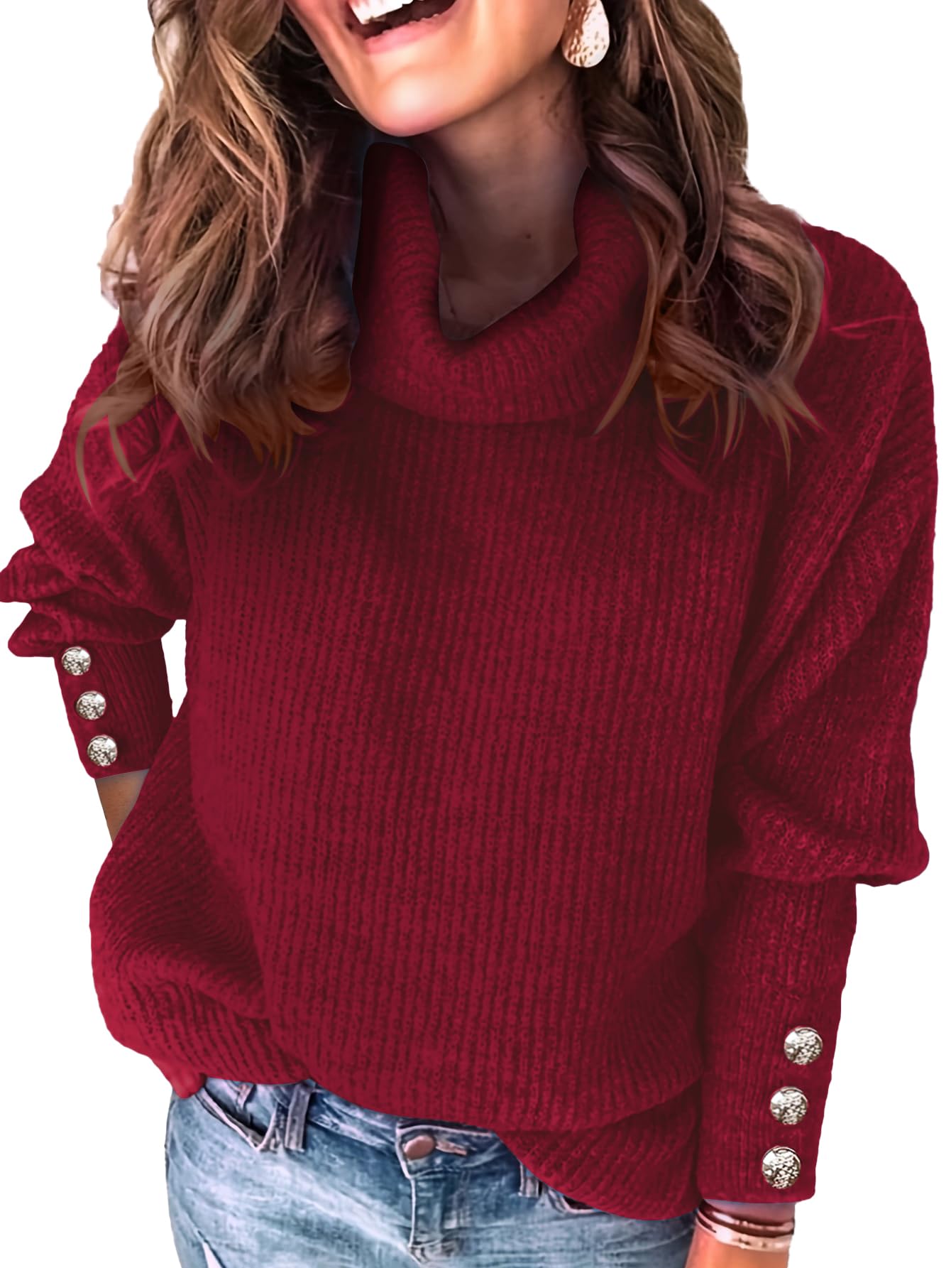 SunnyMelody Womens Turtleneck Dressy Sweater Fall 2025 Button Long Sleeve Pullover Sweaters - Cozy Ribbed Knit Loose Fit