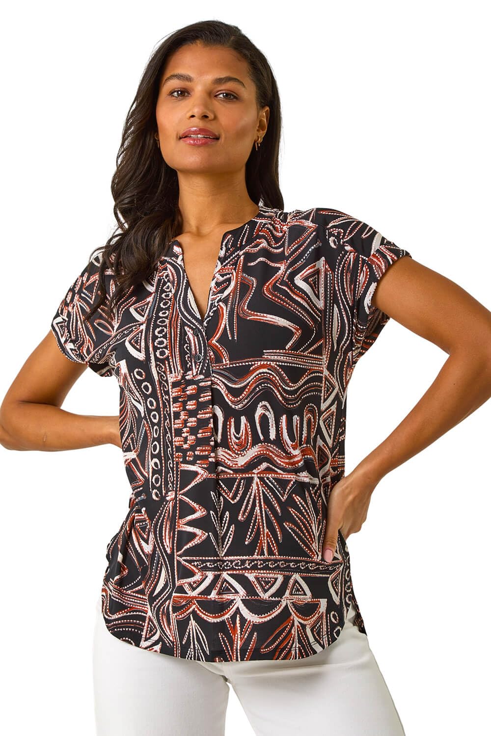 Roman Originals Short Sleeve Shirt for Women UK Ladies Tunic Top Summer Blouse Casual Smat T-Shirt Spring Work Cocktail Party Going Out Special Occassion Holiday V-Neck - Rust Noir - Size 14