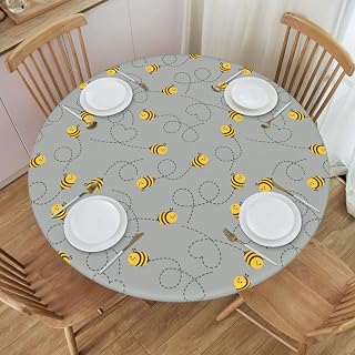 WOAIDY 40-44" Round Elastic Fitted Tablecloth Polyester Bee Cover