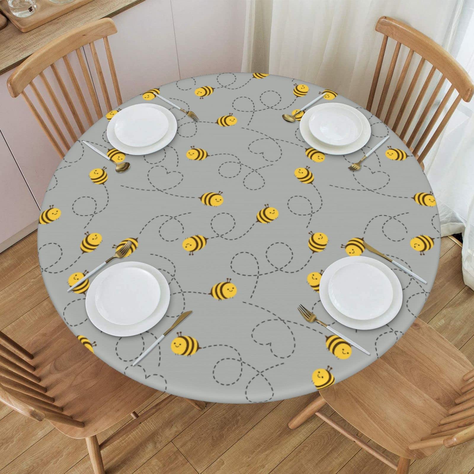 WOAIDYElastic Edged Round Bee Fitted Table Cloth Cover, Home Decorative Tablecloth for Indoor Outdoor Kitchen Party, Fits 40" - 44" Tables, Small