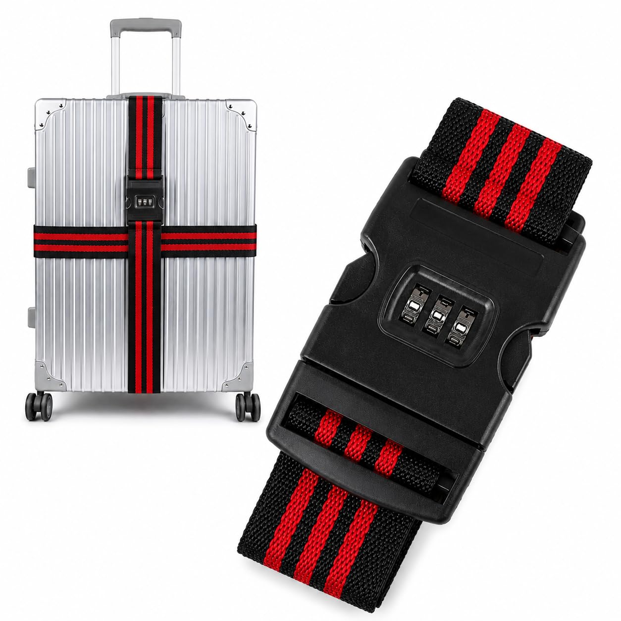 QUIRA Luggage Strap with 3 Digit Combination Lock, Adjustable Suitcase Belt for Travel, Heavy Duty Baggage Strap, Reusable Travel Luggage Security Belt for Suitcases & Travel Bags (Red & Black)-picture-8