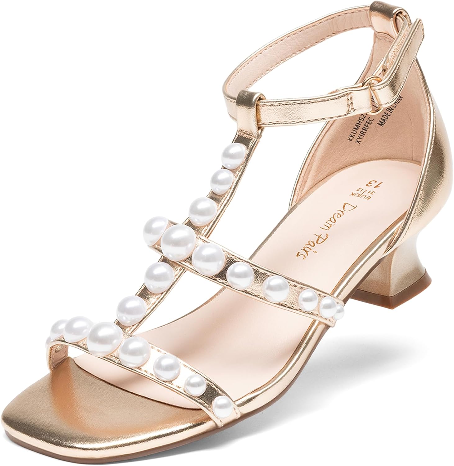 DREAM PAIRS Girls Sandals Ankle Strap T-Strap Low Heel Pearl Flower Pump Dress Wedding Party Square Toe Shoes for Little Kid/Big Kid