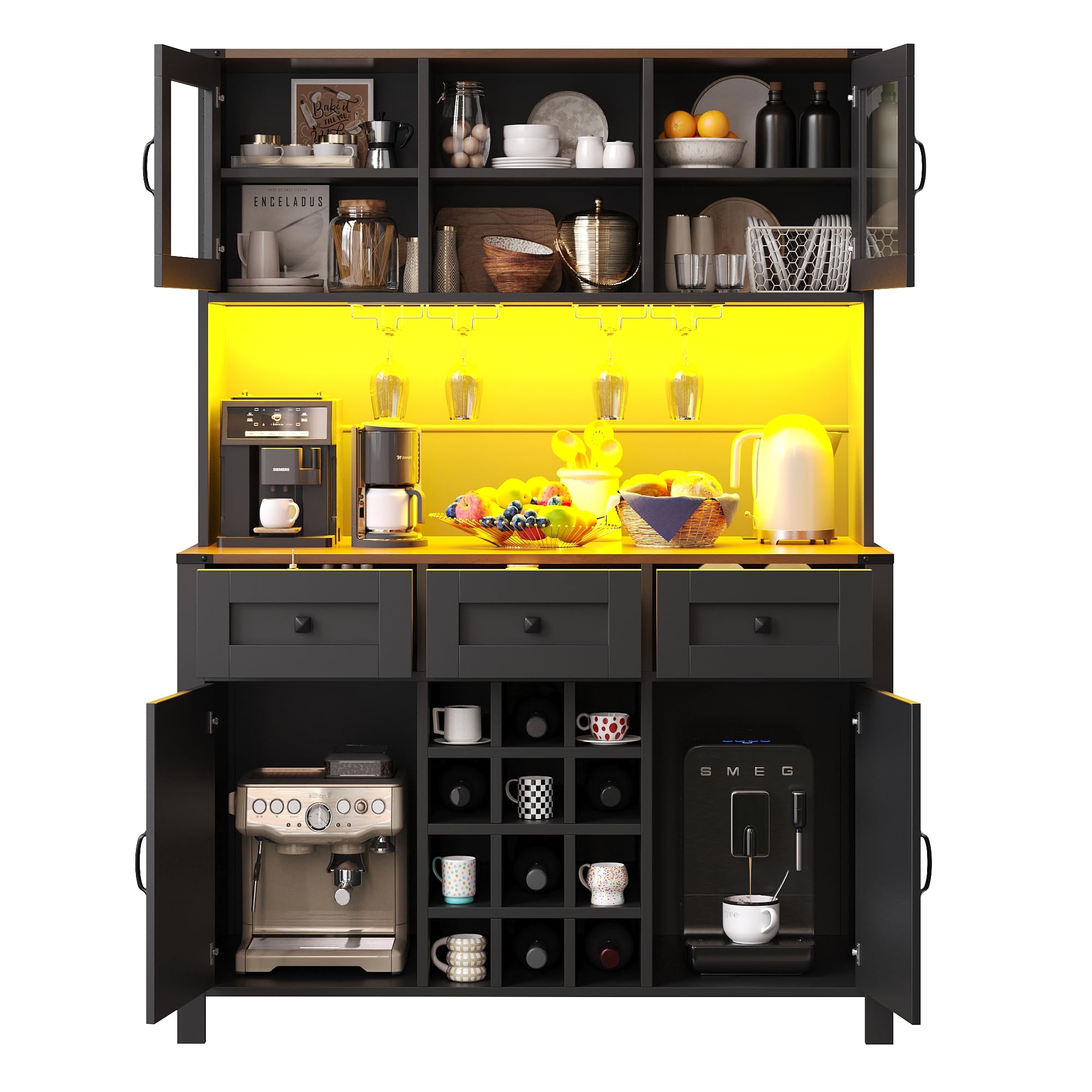 Küchenschrank Hochschrank mit LED Licht und USB Steckdose, Küchenbuffet Buffetschrank mit 4 Türen und Schubladen, Highboard Sideboard Schrank Schwarz mit Schubladen und Weinregal, 120x40x170 cm