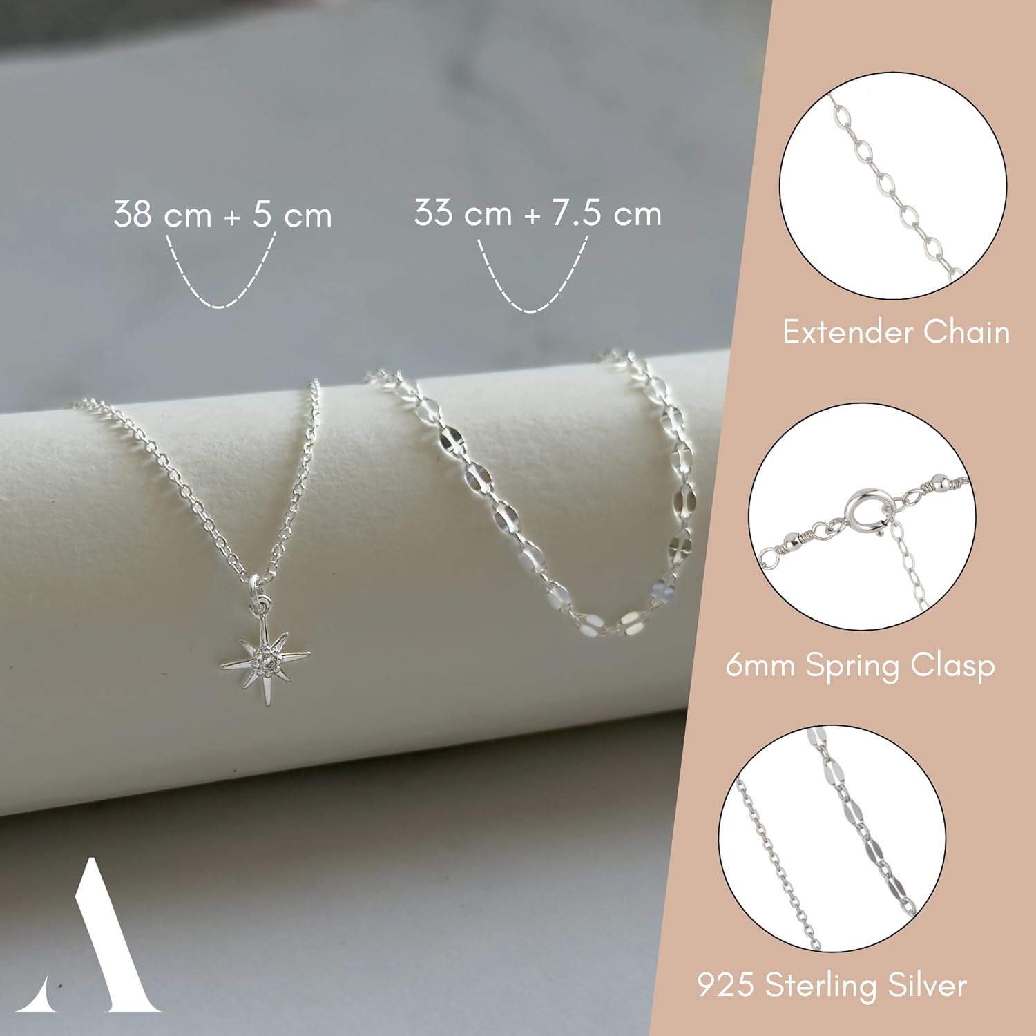 Annika Bella Sterling Silver Star Necklace for Women, Length 15-17 Inches, Tiny Cubic Zirconia North-Star Charm Pendant Necklace, Waterproof, Celestial Jewelry Gift for Her