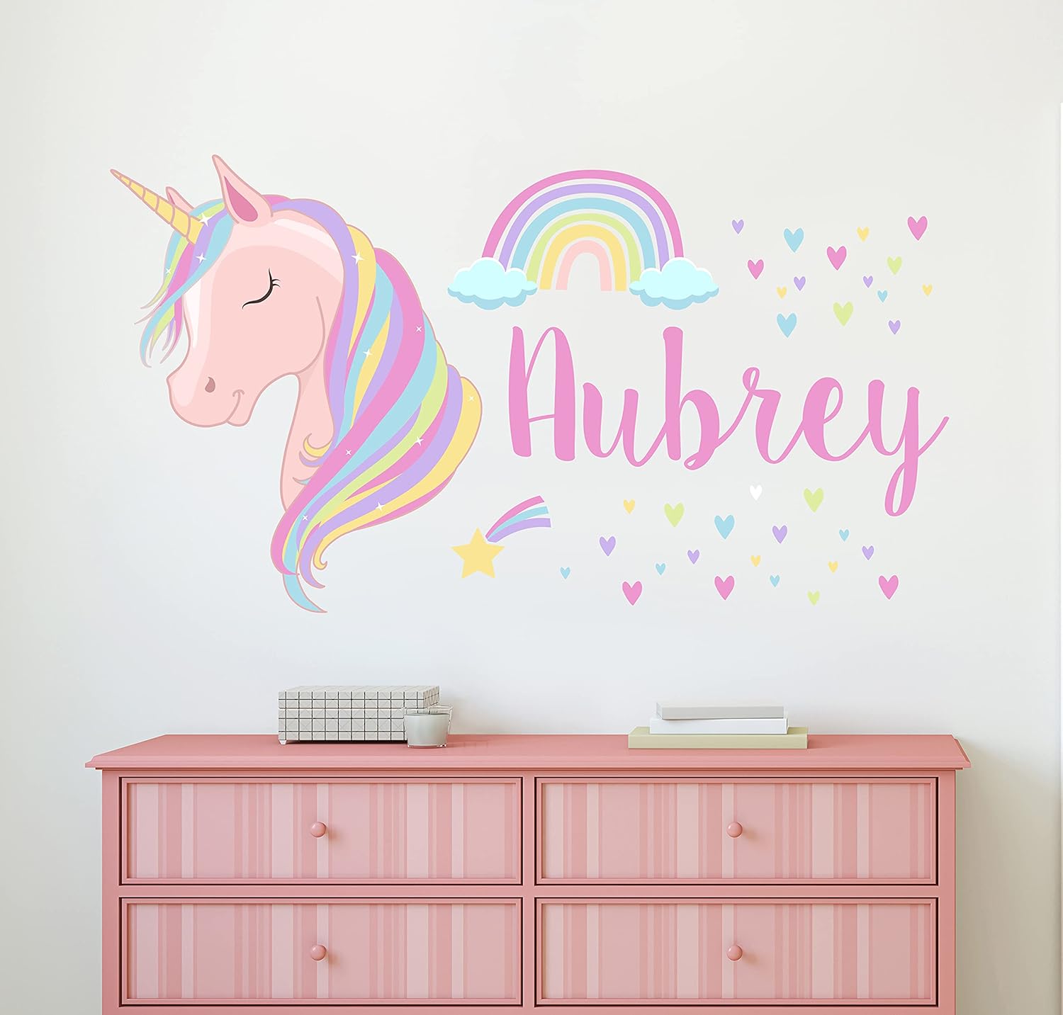 Personalized Girls Name Wall Decal - Unicorn Wall Decals - Rainbow & Stars Vinyl Wall Decor for Babies Kids Girls Wall Custom Stickers (36"W x 20"H)