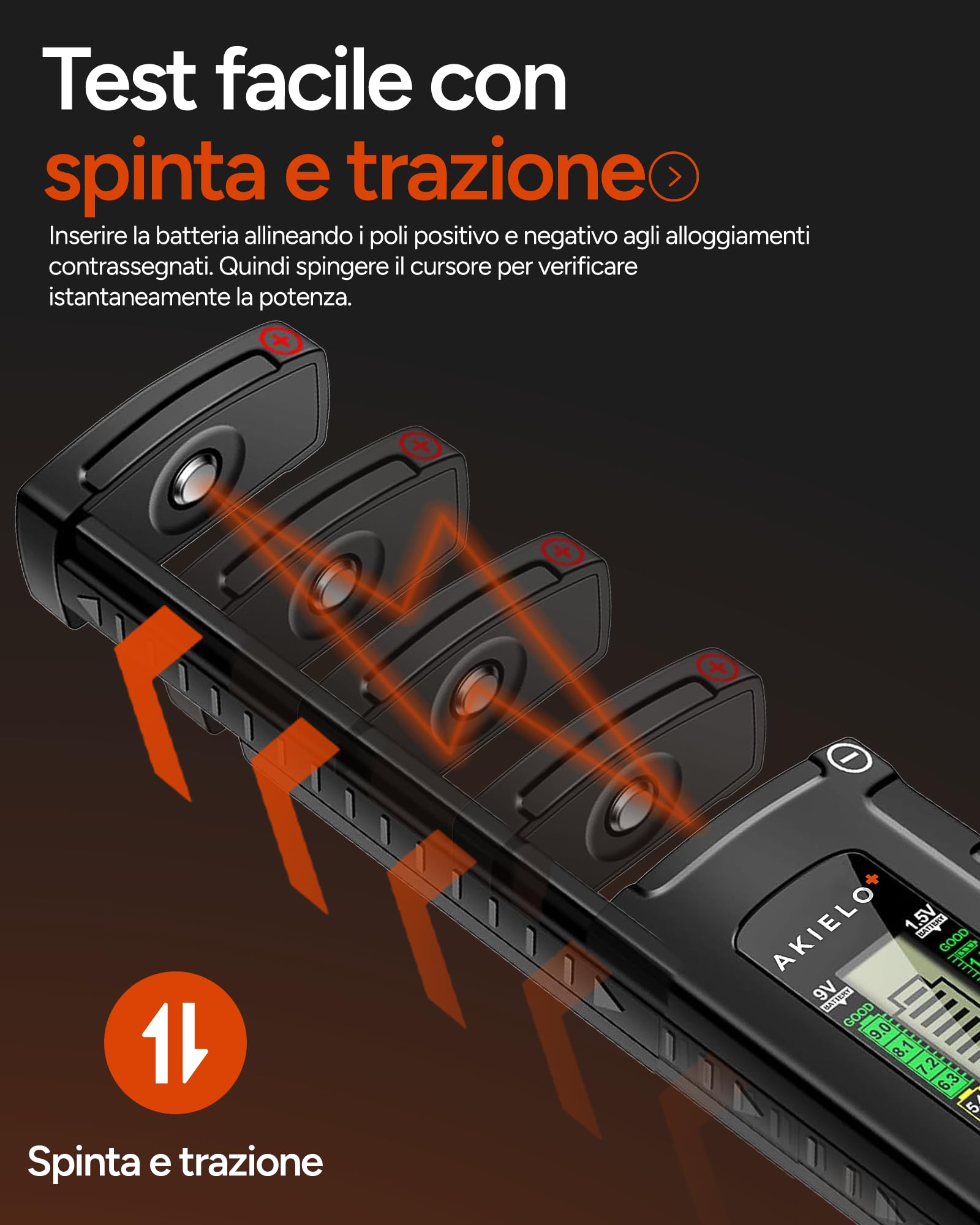 AKIELO+ Tester Digitale per Batterie AA AAA C D 9V 1,5V Pila a Bottone con Display LCD