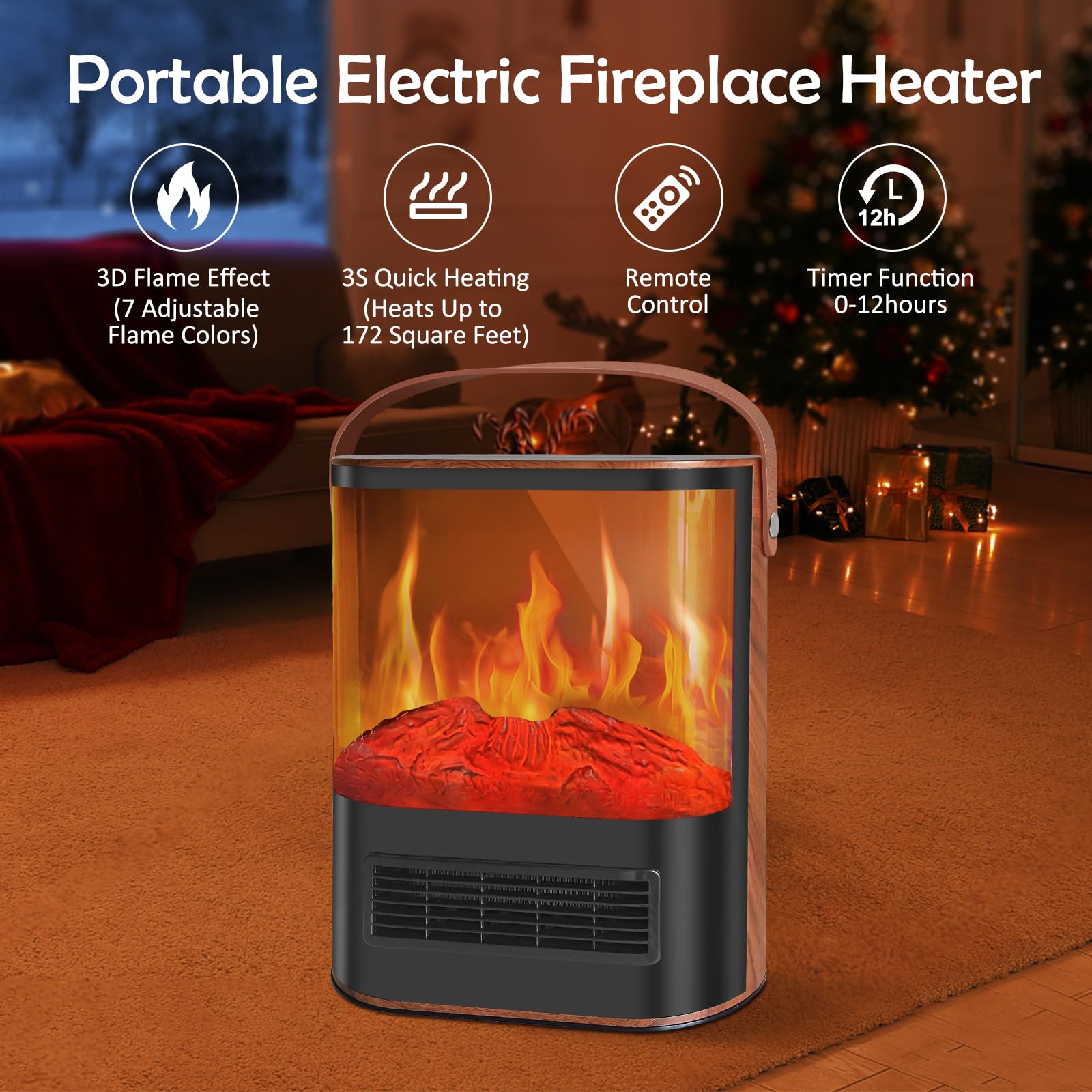 Electric Space Heater, 1500W Electric Fireplace Heater with Thermostat and Remote Control, Energy Efficient Space Heaters for Indoor Use with Realistic 3D Flame and 12H Timer, 7 Adjustable Colors